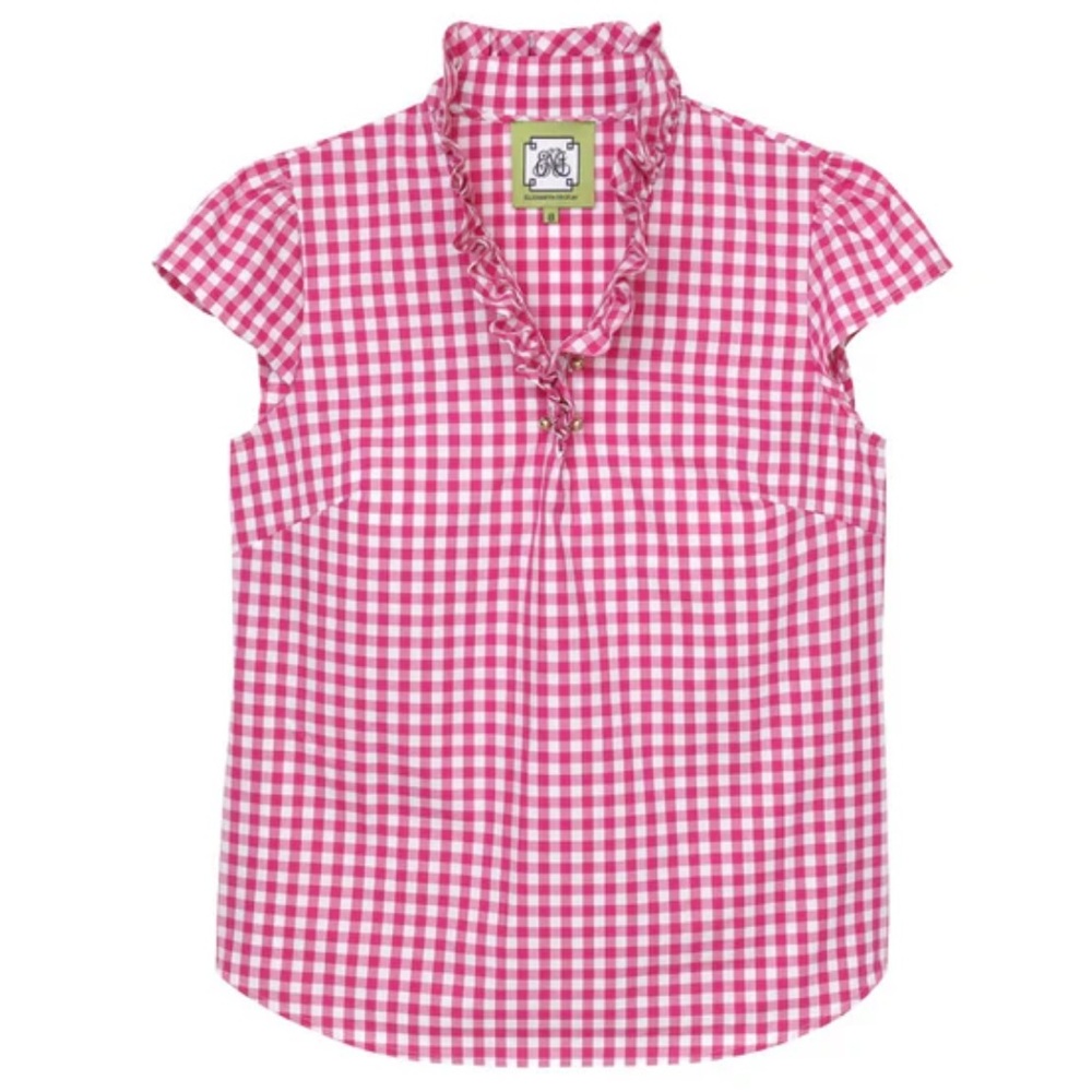 Elizabeth McKay Short Sleeve Pink Gingham Blouse, Sz 4, Ruffle Neck, 100% Cotton